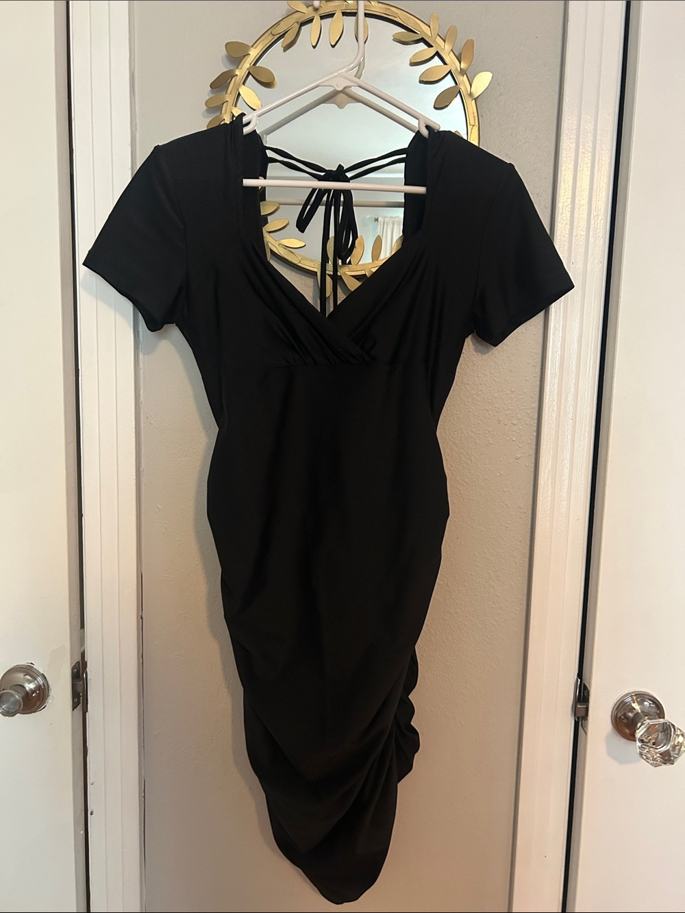 Black V-Neck Short Sleeve Mini Dress